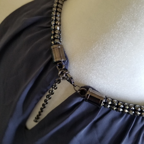 SLNY S.L. Fashions Solid Chiffon Split Front Halter Dress, Steel Grey, 8P Petite - Picture 9 of 15